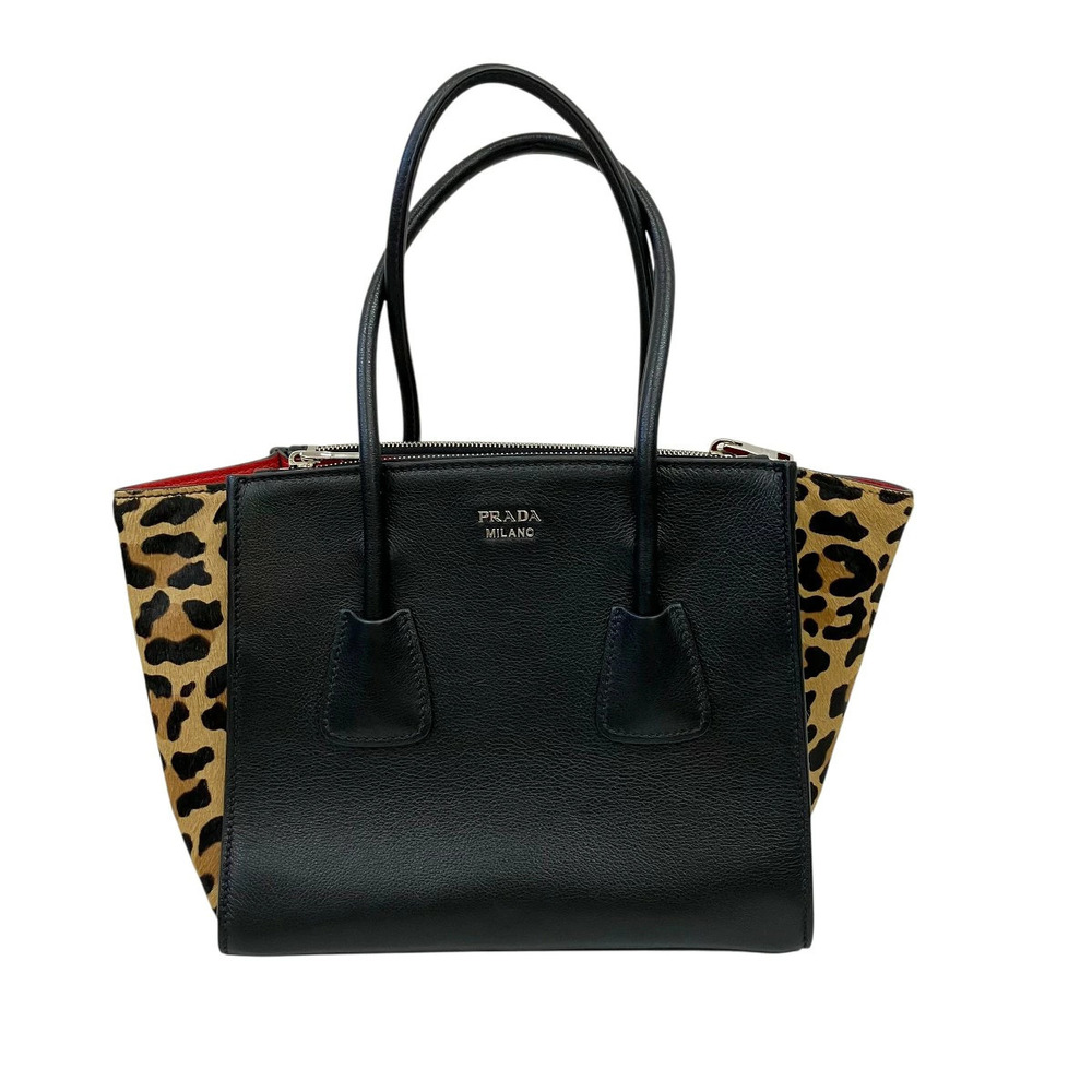 Prada Arque Vitello Daino Leather Hobo Shoulder Bag Black Tan